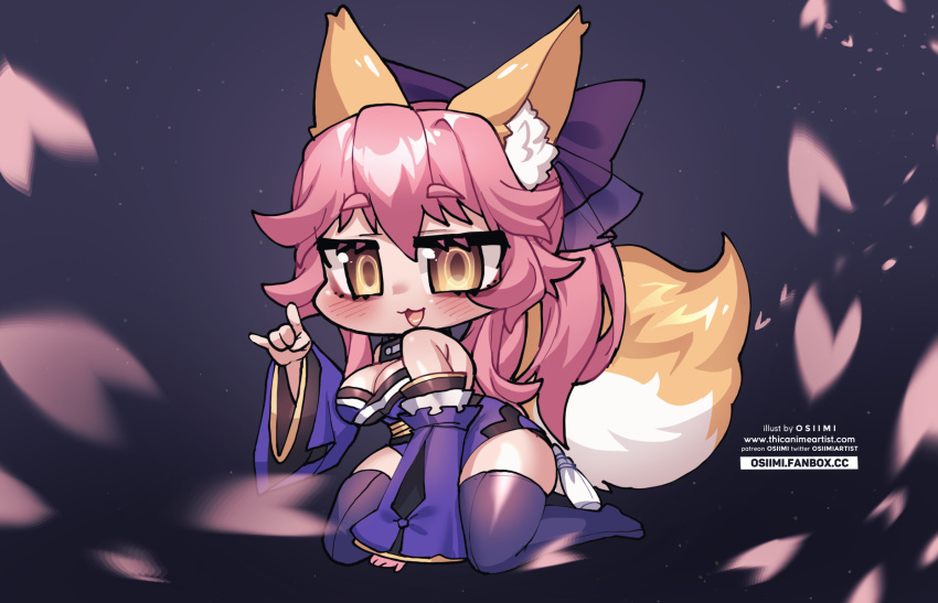 :3 animal_ears black_thighhighs blush breasts chibi cleavage detached_sleeves eyebrows fate/extra fate/grand_order fate_(series) female flower fox_girl fox_tail hand_up highres kneeling large_breasts looking_at_viewer osiimi petals photo-referenced pink_hair tail tamamo_(fate) tamamo_no_mae_(fate/extra) thick_thighs thighhighs thighs tied_hair yellow_eyes