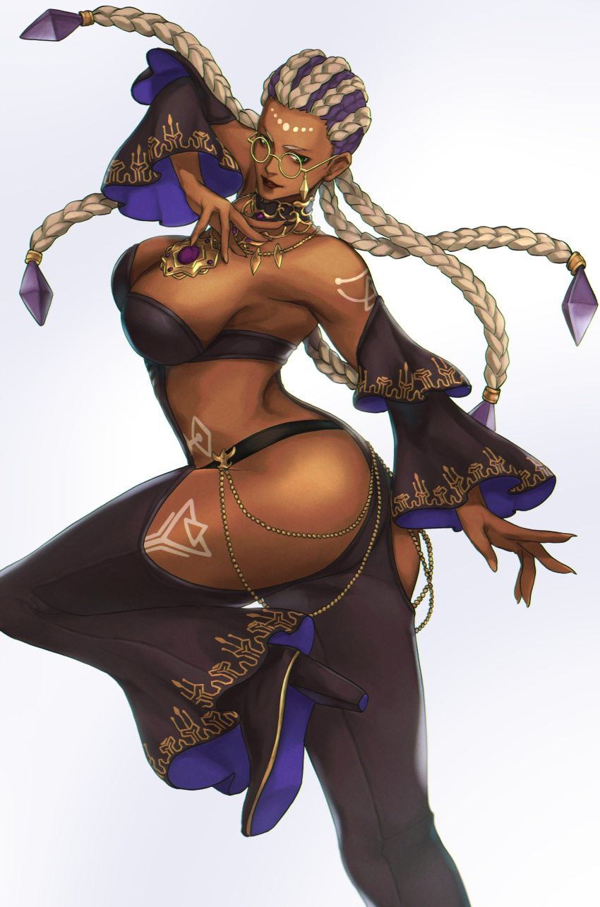 absurdres ass black_clothes breasts cleavage clothing_cutout dark-skinned_female dark_skin dolores_(kof) female fighting_stance full_body gold high_heels highres jewelry ktovhinao leg_tattoo long_hair looking_at_viewer medium_breasts necklace number_tattoo ornament solo stomach_cutout tattoo the_king_of_fighters the_king_of_fighters_xv