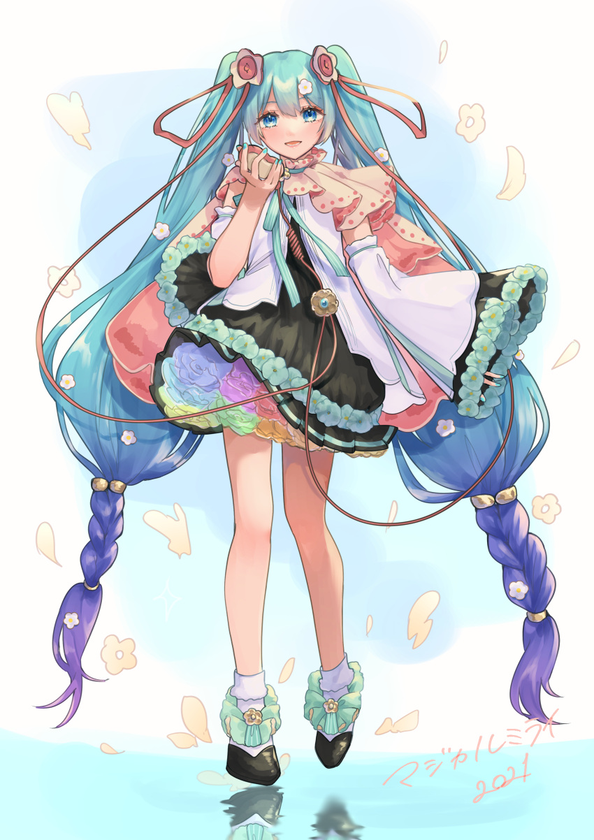 2021 606rgi :d absurdres black_dress black_footwear blue_eyes blue_hair blue_nails braid commentary dress female flower_underskirt full_body gradient_hair hair_between_eyes hair_ribbon hatsune_miku highres holding long_hair long_sleeves looking_at_viewer magical_mirai_(vocaloid) magical_mirai_miku magical_mirai_miku_(2021) multicolored_hair nail_polish open_clothes open_shirt purple_hair red_ribbon ribbon shirt short_dress sleeves_past_wrists smile socks solo standing twin_braids twintails very_long_hair vocaloid white_shirt white_socks wide_sleeves