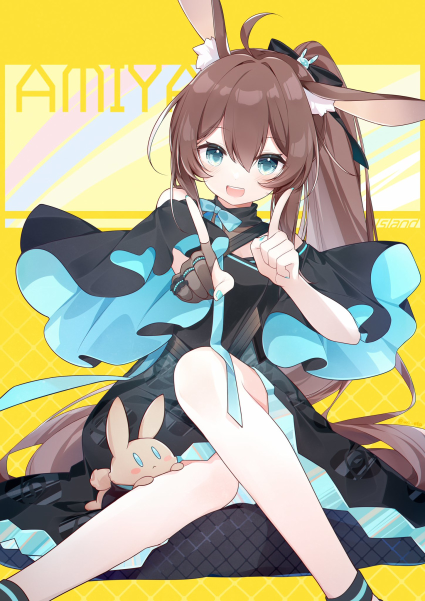 :d ahoge alternate_costume amiya_(arknights) animal_ears ankle_cuffs aqua_dress arknights bare_shoulders black_dress blue_eyes blue_nails brown_hair character_name choshanland_plushy_(arknights) detached_sleeves dress eta female fingerless_gloves floral_print gloves hair_ornament hair_ribbon highres jewelry koi_dance looking_at_viewer multicolored_clothes multicolored_dress neck_ribbon open_mouth ponytail rabbit_ears ribbon ring rose_print single_fingerless_glove sitting smile stuffed_animal stuffed_rabbit stuffed_toy twitter_username yellow_background