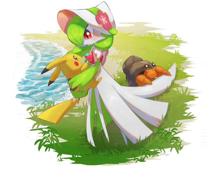 1other absurdres blush bonnet commentary dwebble flower gardevoir gardevoir_(fashionable) grass green_hair hat hat_flower highres holding holding_pokemon nullma pikachu pink_flower pokemon pokemon_(creature) pokemon_unite standing water white_headwear