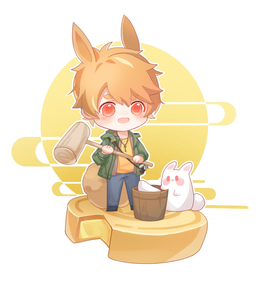 1boy :d animal_ears blonde_hair blue_pants bucket chibi full_body full_moon green_jacket hammer highres holding holding_hammer jacket jewelry kine looking_at_viewer luke_pearce_(tears_of_themis) male_focus mallet mochitsuki moon necklace oerba_yun_fang open_mouth pants rabbit rabbit_boy rabbit_ears rabbit_tail red_eyes shirt short_hair smile solo tail tears_of_themis white_background xinsuimangguoren yellow_shirt