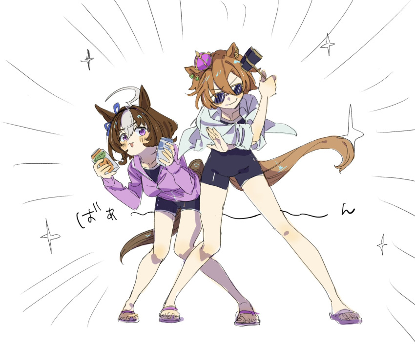 2girls animal_ears black_one-piece_swimsuit blue_shirt blush blush_stickers breasts brown_hair closed_mouth commentary_request crown emphasis_lines hair_between_eyes highres holding horse_ears horse_girl horse_tail jacket medium_breasts meisho_doto_(umamusume) mini_crown moo~ multicolored_hair multiple_girls one-piece_swimsuit open_clothes open_mouth open_shirt purple_eyes purple_footwear purple_jacket sandals shirt simple_background smile sparkle standing sunglasses swimsuit swimsuit_under_clothes t.m._opera_o_(umamusume) tail two-tone_hair umamusume umamusume:_road_to_the_top white_background white_hair