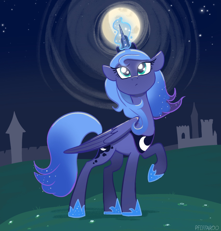 alicorn blue_body blue_eyes blue_fur blue_theme equid equine feo_ul friendship_is_magic full_moon fur grass hasbro hi_res horn horseshoe looking_up mammal moon my_little_pony pfeffaroo plant princess_luna_(mlp) solo sparkles wings