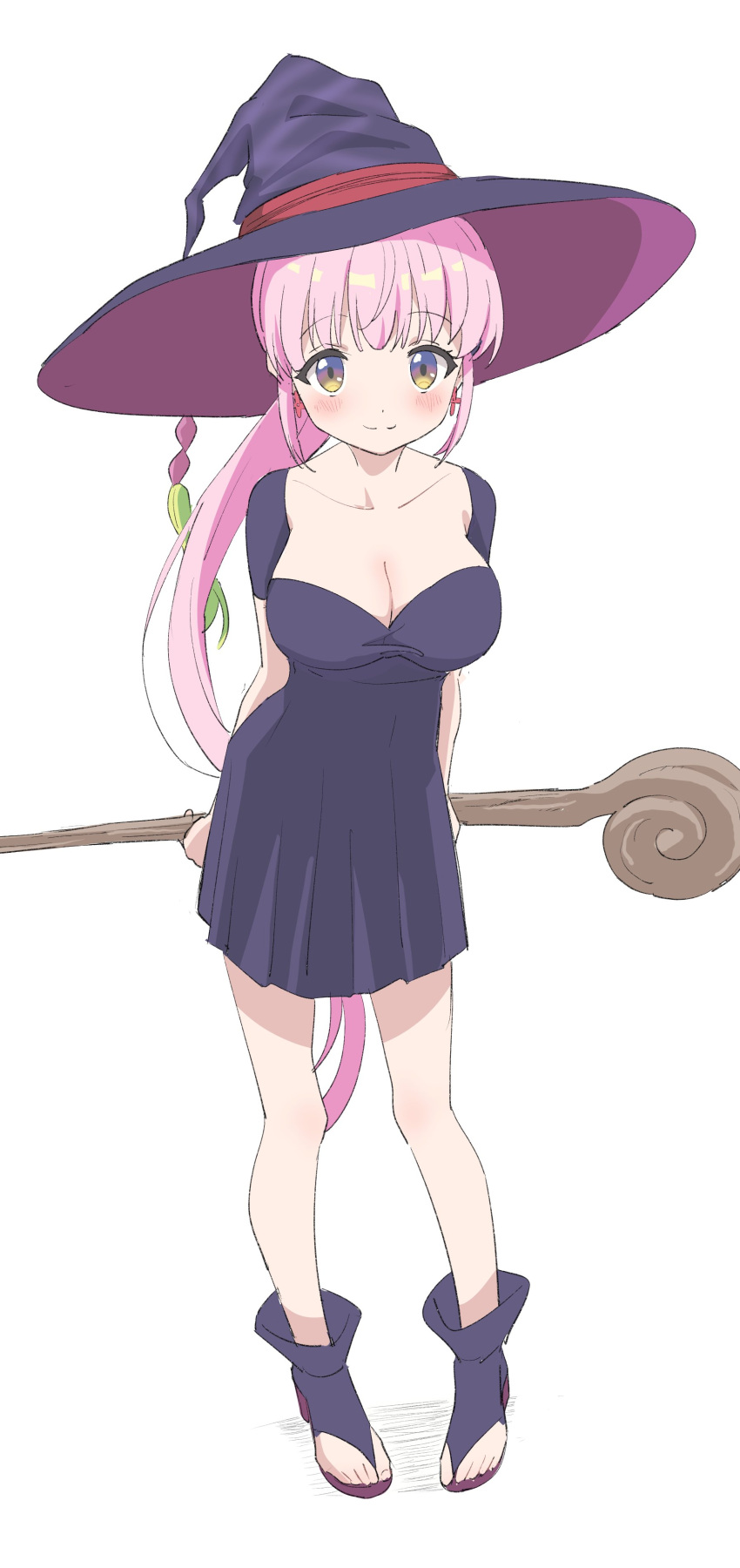 absurdres black_dress black_hat blush breasts cleavage collarbone dress earrings female full_body hat highres jewelry kazairo_kotone large_breasts long_hair looking_at_viewer pink_hair ponytail rpg_fudousan sandals simple_background sincos smile solo staff white_background witch witch_hat