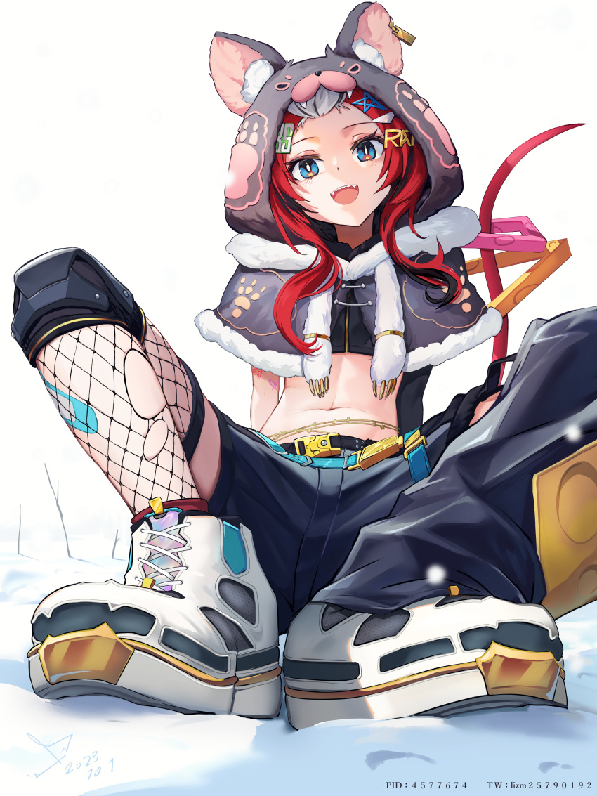 absurdres animal_ears animal_hood belt black_belt black_hair black_shorts blue_eyes female fishnet_thighhighs fishnets hair_ornament hakos_baelz hakos_baelz_(casual) highres hololive hololive_english hood long_hair looking_at_viewer mouse_ears mouse_girl multicolored_hair navel number_hair_ornament open_mouth qiaogun_damodao red_hair sharp_teeth shoes shorts sidelocks single_fishnet_legwear smile sneakers solo star_(symbol) star_hair_ornament streaked_hair tail tasmanian_devil teeth thighhighs upper_teeth_only virtual_youtuber white_background white_footwear white_hair yellow_belt