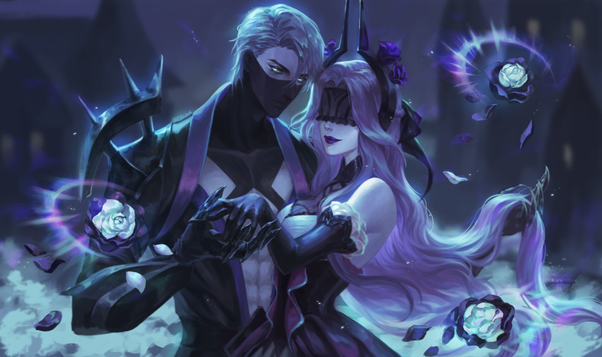 1boy abs absurdres alternate_costume armor black_gloves black_lips blindfold blurry blurry_background breasts ear_protection elbow_gloves female flower gloves grey_hair hair_flower hair_ornament highres holding_hands league_of_legends long_hair mask outdoors petals piscina shoulder_armor standing syndra upper_body withered_rose_syndra zed_(league_of_legends)