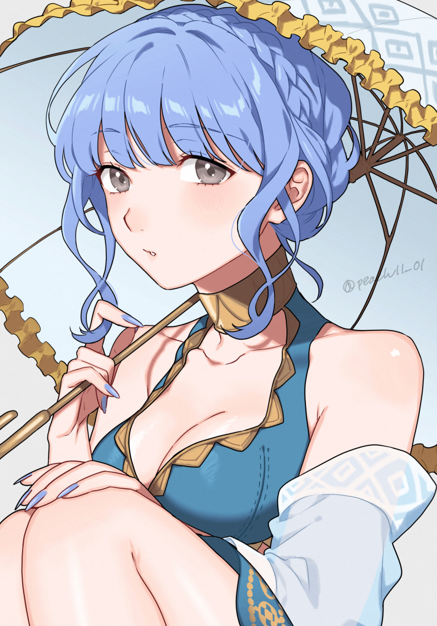 bare_shoulders bikini blue_bikini blue_hair blue_nails braid breasts brown_eyes cleavage commentary_request crown_braid female fire_emblem fire_emblem:_three_houses fire_emblem_heroes grey_background grey_eyes highres knees_up looking_at_viewer marianne_von_edmund marianne_von_edmund_(summer) medium_breasts nail_polish official_alternate_costume peach11_01 short_hair simple_background solo swimsuit umbrella