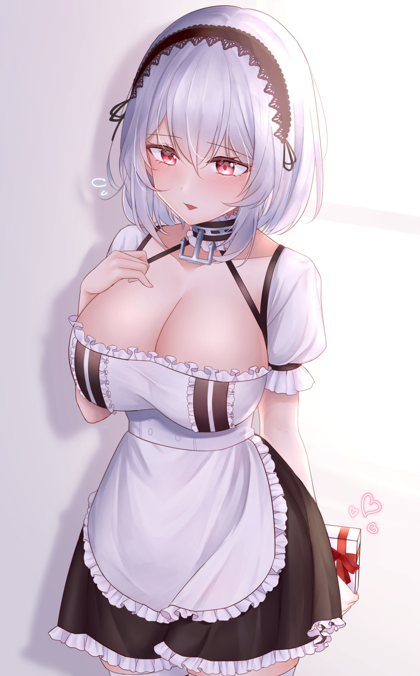 absurdres apron azur_lane black_headwear blush box breasts brown_dress cleavage dress female frilled_apron frilled_dress frills gift gift_box hair_between_eyes hand_on_own_chest heart highres holding holding_box jyu-so large_breasts md5_mismatch open_mouth puffy_short_sleeves puffy_sleeves red_eyes short_hair short_sleeves simple_background sirius_(azur_lane) two-tone_dress valentine waist_apron white_apron white_background white_dress white_hair