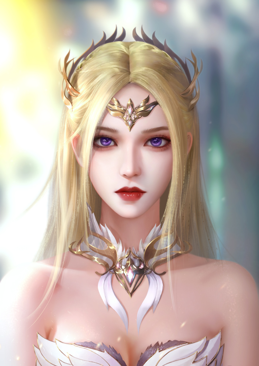 absurdres bare_shoulders blonde_hair blue_eyes choker douluo_dalu dress female hair_ornament highres long_hair looking_at_viewer qian_renxue_(douluo_dalu) red_lips solo upper_body white_dress zhang_juejue