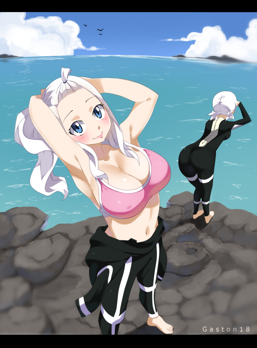 2girls armpits arms_up artist_name ass bangs_pinned_back barefoot beach bird blue_eyes blush bodysuit breasts cleavage cloud collarbone covered_nipples day diving_suit fairy_tail full_body gaston18 highres large_breasts lisanna_strauss long_hair looking_at_viewer mirajane_strauss multiple_girls navel outdoors short_hair sky smile standing stomach tight_clothes water watermark wetsuit white_hair