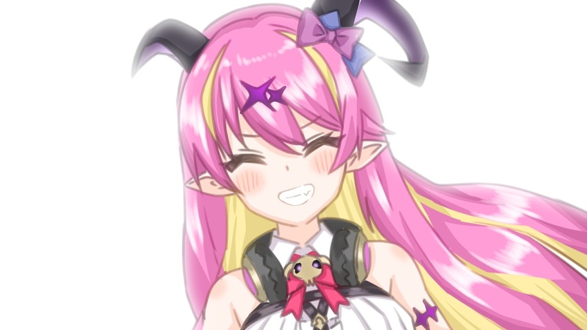 arm_strap asymmetrical_horns bare_shoulders blonde_hair bow bowtie breasts chest_harness closed_eyes demon_girl demon_horns facing_viewer female grin hair_ornament harness headphones headphones_around_neck hololive horn_bow horn_ornament horns long_hair mano_aloe momo_kimuchi008 multicolored_hair pink_bow pink_bowtie pink_hair pointy_ears shirt sleeveless sleeveless_shirt smile solo teeth two-tone_hair uneven_horns virtual_youtuber white_shirt wing_collar