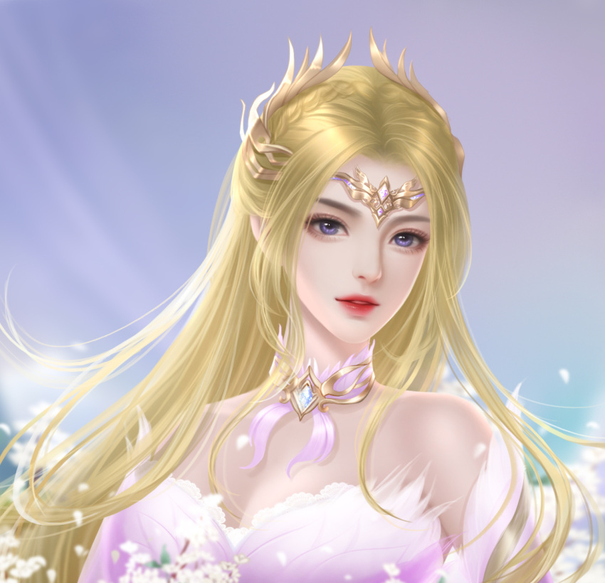 bare_shoulders bibi_dong_zhuye blonde_hair blue_eyes douluo_dalu dress female forehead_protector hair_ornament highres long_hair looking_at_viewer qian_renxue_(douluo_dalu) smile solo upper_body white_dress