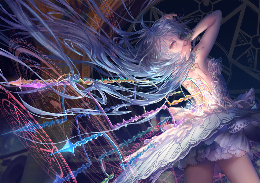 backless_dress backless_outfit blue_hair commentary_request dress female head_tilt highres long_hair looking_back magic magic_circle mayoimayoi original red_eyes ruffling_hair strapless strapless_dress tattoo very_long_hair wings