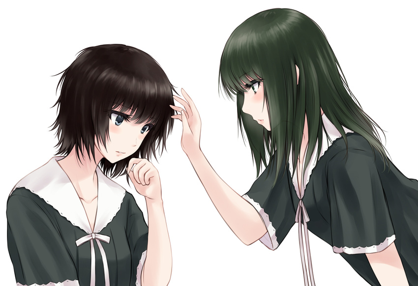 2girls black_eyes black_hair blue_eyes blush commentary_request flowers_(innocent_grey) highres looking_at_another multiple_girls open_mouth outstretched_arms school_uniform short_hair suzushiro_yukari takasaki_chidori yaegaki_erika