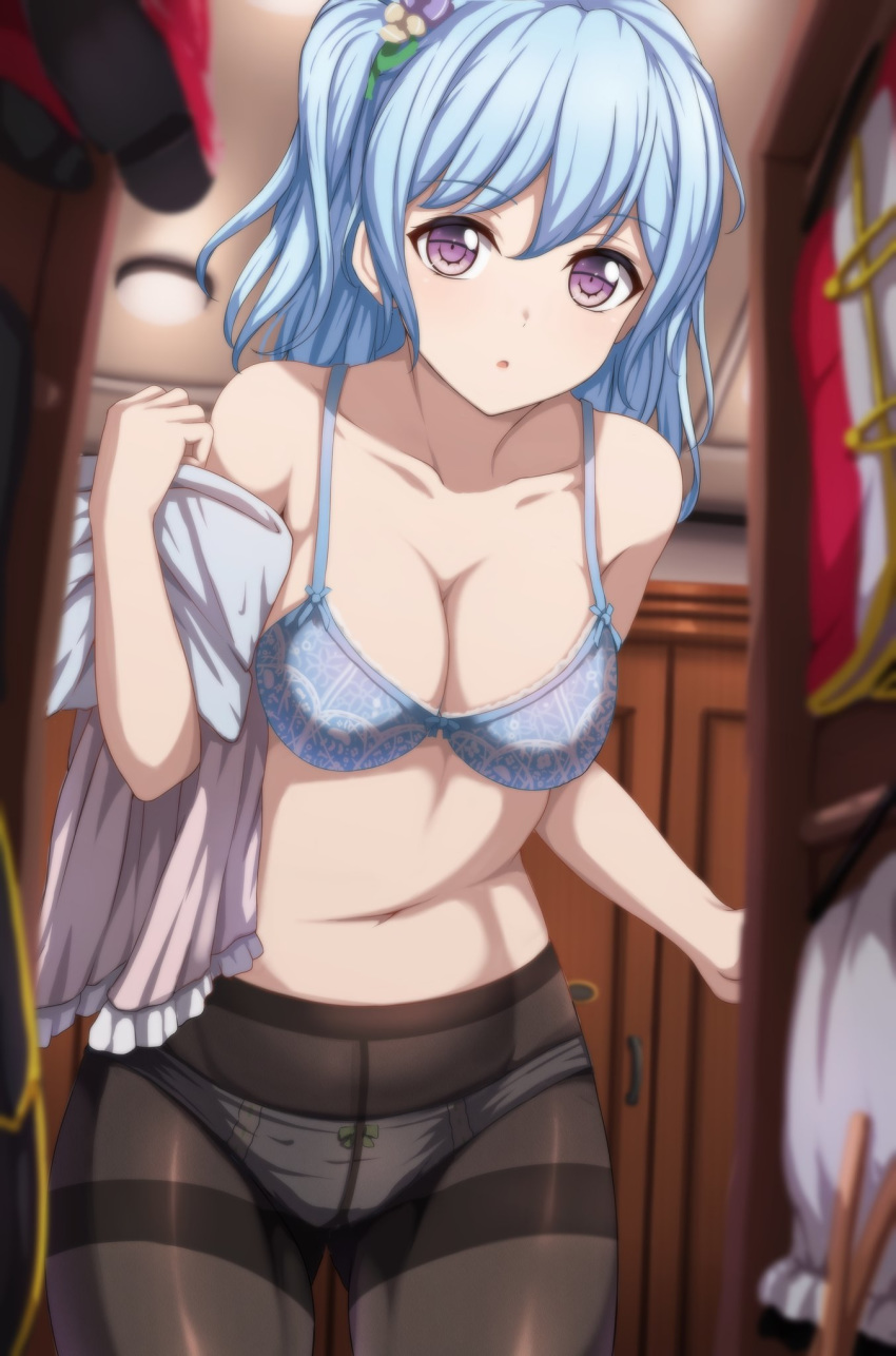 :o ass_visible_through_thighs bad_id bad_twitter_id bang_dream! bare_arms bare_shoulders black_pantyhose blouse blue_bra blue_hair blurry blurry_background blurry_foreground bra breasts ceiling_light cleavage collarbone commentary cowboy_shot depth_of_field female fine_fabric_emphasis groin gusset hair_ornament highres indoors jacket large_breasts leaning_forward long_hair looking_at_viewer matsubara_kanon narafume navel one_side_up panties panties_under_pantyhose pantyhose parted_lips purple_eyes red_footwear red_jacket shirt shoes sidelocks solo standing stomach thighband_pantyhose underwear unworn_shirt unworn_shoes wardrobe white_shirt