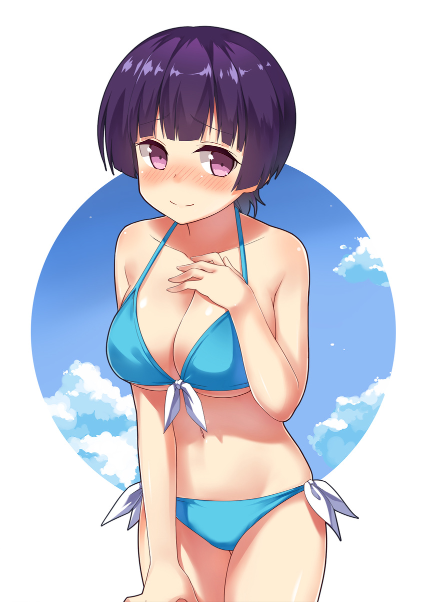 bikini blue_bikini blush breasts circle cleavage commentary cowboy_shot eromanga_sensei female front-tie_top highres large_breasts looking_at_viewer photoshop_(medium) purple_eyes purple_hair senju_muramasa short_hair side-tie_bikini_bottom smile solo subaru_(794829485) swimsuit symbol-only_commentary white_background