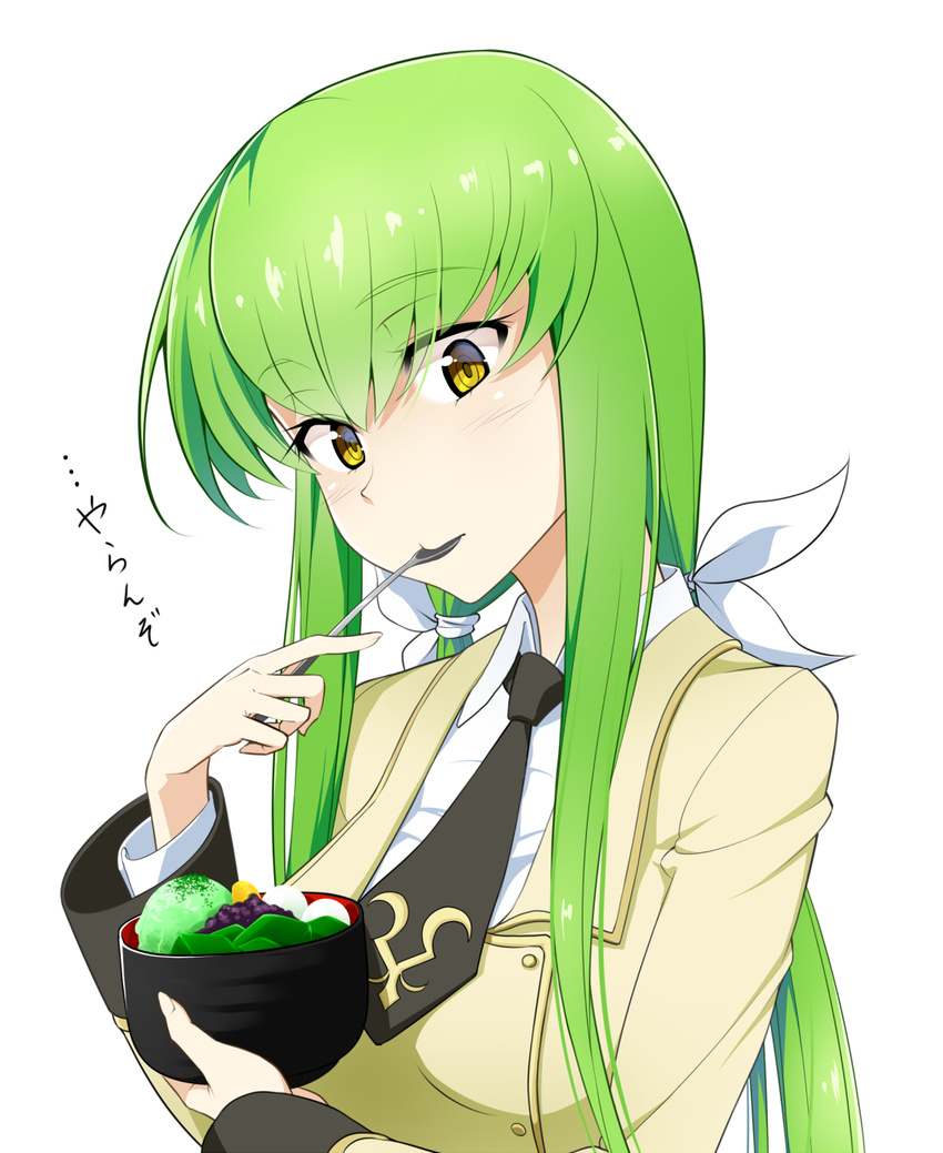 anmitsu_(dessert) ashford_academy_school_uniform blazer bow bowl c.c. code_geass commentary eating eyebrows female food green_hair hairbow highres jacket long_hair low_twintails mattari_yufi necktie school_uniform smile solo spoon translated twintails utensil_in_mouth yellow_eyes