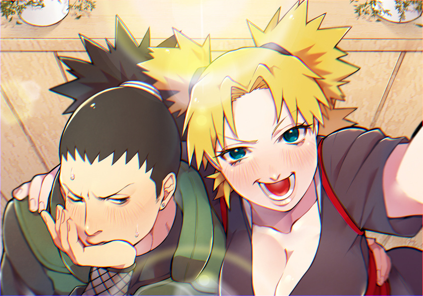 1boy arm_around_shoulder black_hair blonde_hair blush breasts chromatic_aberration cleavage commentary_request couple female large_breasts looking_at_viewer muyukikiyoshi11521 nara_shikamaru naruto naruto_(series) naruto_shippuuden open_mouth quad_tails reaching reaching_towards_viewer selfie straight temari_(naruto)