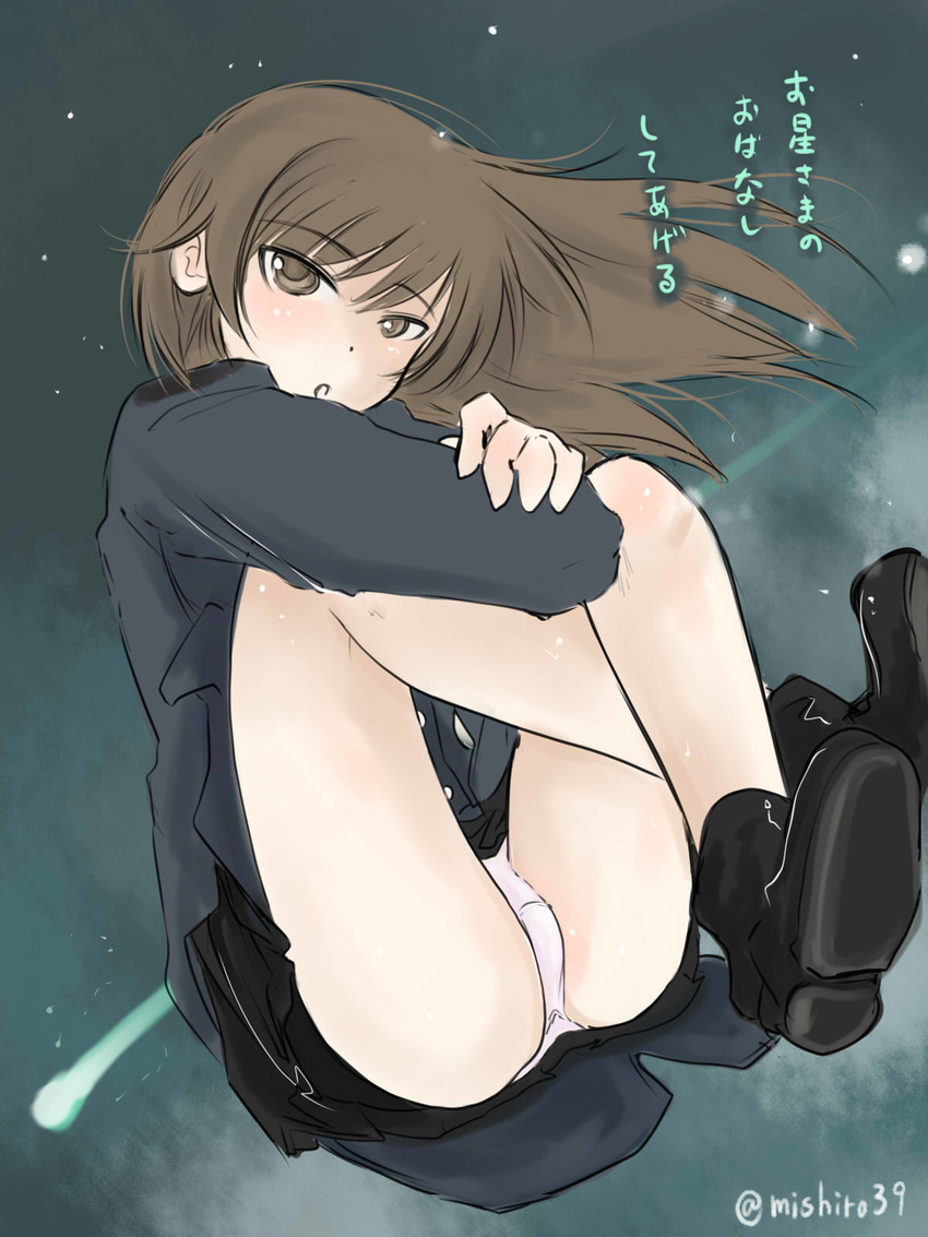 :o brown_eyes brown_hair commentary_request female highres johanna_wiese legs_up long_hair military military_uniform mishiro_shinza panties pantyshot sitting solo underwear uniform white_panties world_witches_series