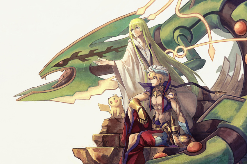 a-er_(akkij0358) aegislash crossover enkidu fate/grand_order fate_(series) gilgamesh male pikachu pokemon rayquaza