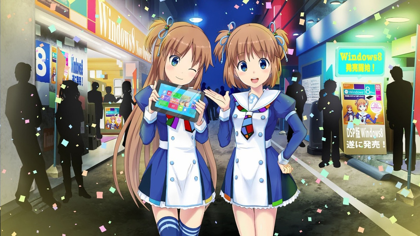 2girls advertising blue_eyes brown_hair confetti hair_ornament multiple_girls necktie os-tan ribbon skirt smile tablet tagme thighhighs windows_8