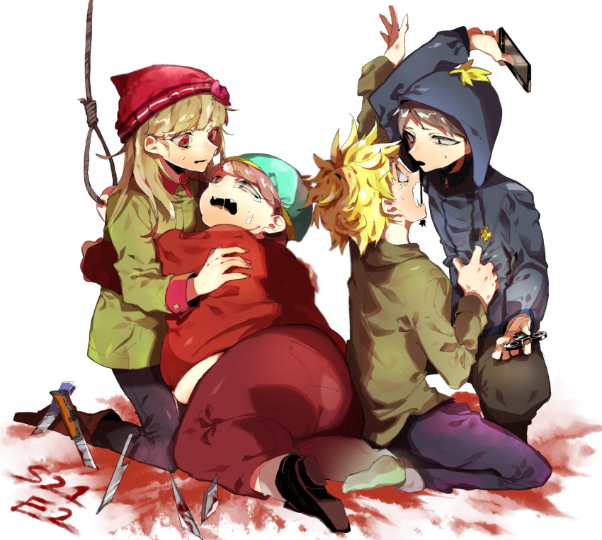 3boys animification beanie black_hair blonde_hair blood blue_eyes blue_jacket brown_hair cellphone chullo coat commentary_request couple craig_tucker eric_cartman fat female fidget_spinner fuuga_(perv_rsity) gloves green_coat green_shirt hat heidi_turner highres jacket long_hair messy_hair multiple_boys noose obese open_mouth phone red_jacket shirt short_hair smartphone south_park straight tears tweek_tweak yaoi