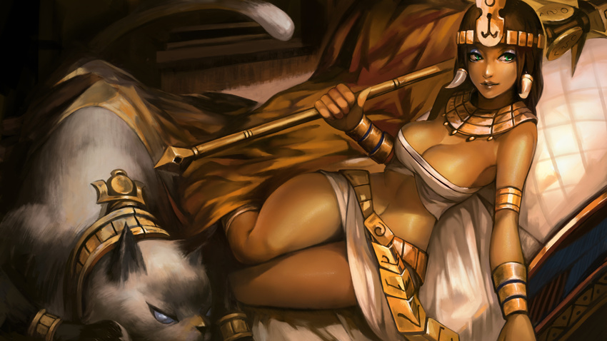 armlet breasts brown_hair chinese_commentary commentary_request dark-skinned_female dark_skin egyptian feline female green_eyes headdress highres jewelry large_breasts league_of_legends lips long_hair lying midriff navel nidalee on_side pharaoh_nidalee photoshop_(medium) polearm short_hair solo spear thighs weapon weien