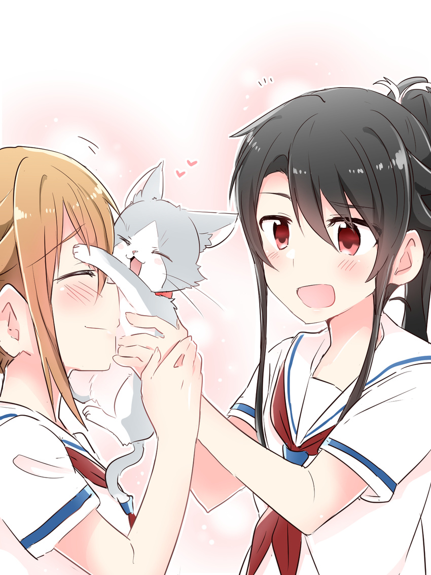 2girls black_hair brown_hair closed_eyes commentary_request feline high_school_fleet highres long_hair misaki_akeno multiple_girls munetani_mashiro neckerchief open_mouth ponytail red_eyes red_neckerchief sailor_collar school_uniform serafuku short_hair short_sleeves tamonmaru_(haifuri) upper_body white_sailor_collar yasaka_shuu yokosuka_girls_marine_high_school_uniform