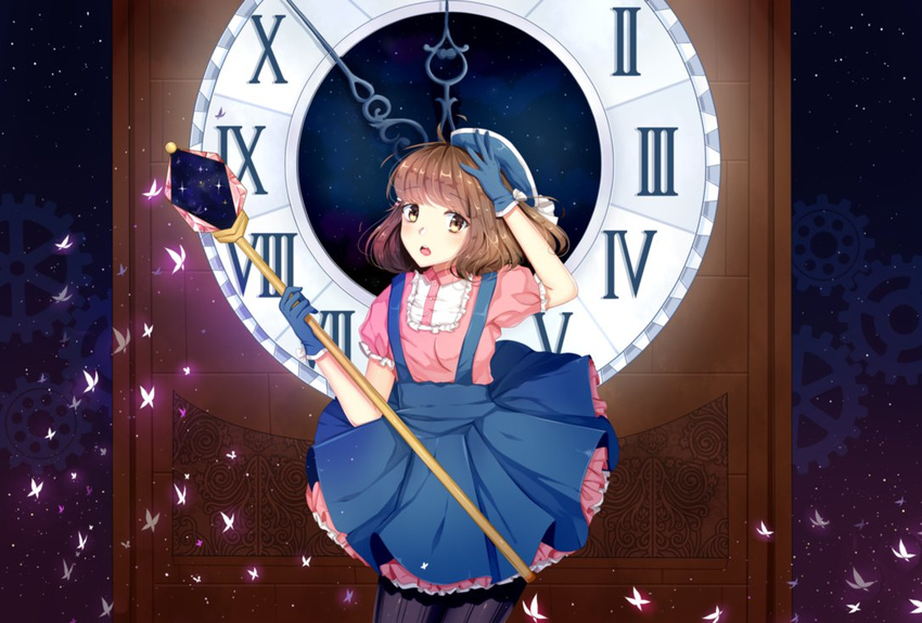 black_legwear blush bonnet brown_hair butterfly clock clock_tower digits female frills gears gloves hand_in_hair maid maid_cap naomachi ornament pantyhose tower wand yellow_eyes