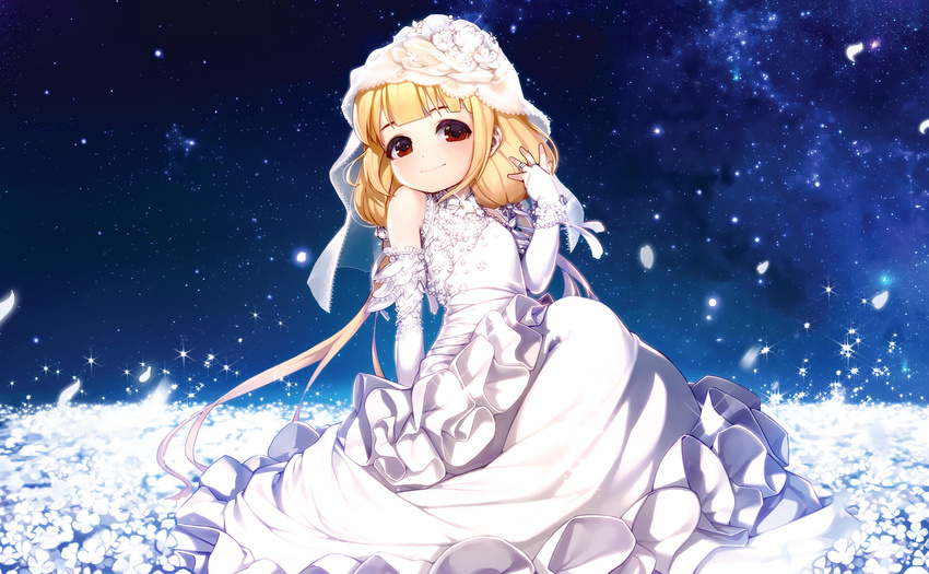 absurdres bad_id bad_pixiv_id blonde_hair blush bridal_veil dress elbow_gloves female flower futaba_anzu gloves highres idolmaster idolmaster_cinderella_girls jewelry long_hair looking_at_viewer low_twintails night petals photoshop_(medium) red_eyes rheez ring sky smile solo star_(sky) starry_sky twintails veil wedding_dress white_dress white_gloves