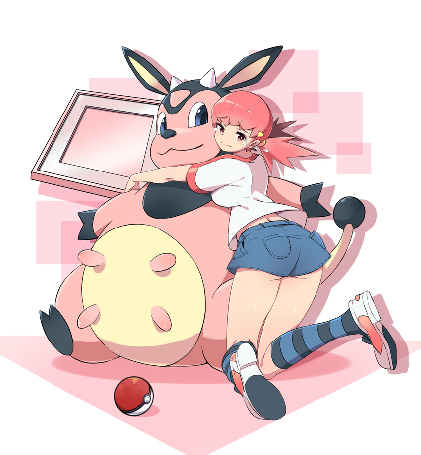 ass badge blue_eyes breasts commentary_request denim denim_shorts female frown hair_ornament hairclip highres horns hug kneeling large_breasts long_hair miltank pink_eyes pink_hair poke_ball poke_ball_(basic) pokemon pokemon_(creature) pokemon_hgss shorts sitting socks striped_clothes striped_socks tail tears tm_(hanamakisan) udder whitney_(pokemon)