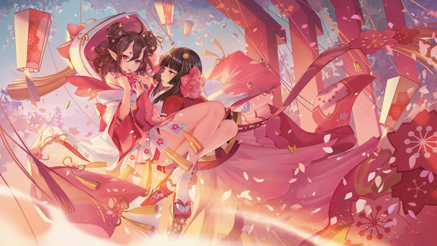 2girls black_hair brown_hair criin_(659503) flowers horns jpeg_artifacts long_hair onmyouji pointed_ears red_eyes short_hair tagme_(character)