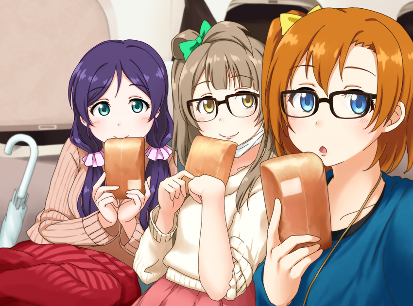 3girls :o aqua_eyes bespectacled blue_eyes blush bow bread brown_eyes brown_hair chestnut_mouth closed_umbrella commentary_request food glasses hairbow holding kosaka_honoka kusuda_aina long_hair looking_at_viewer love_live! love_live!_school_idol_project low_twintails mask minami_kotori mohya mouth_mask multiple_girls nitta_emi one_side_up photo-referenced purple_hair ribbed_sweater short_hair smile surgical_mask sweater tojo_nozomi twintails uchida_aya umbrella voice_actor_connection