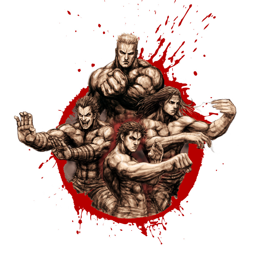 4boys commentary_request highres hokuto_no_ken jagi kenshiro long_hair manly multiple_boys muscular photoshop_(medium) raoh_(hokuto_no_ken) short_hair toki_(hokuto_no_ken) tsunetarou_(yasu)