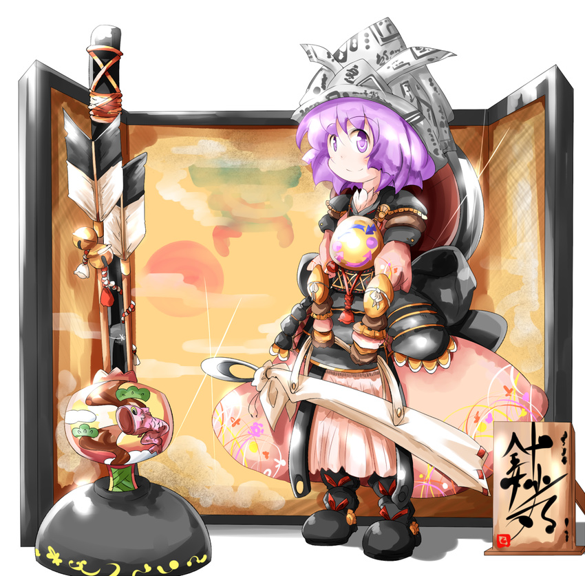 armor arrow_(projectile) bell boots bowl commentary_request female folding_screen full_body glint japanese_armor jingle_bell kikurage_(sugi222) kodomo_no_hi looking_at_viewer miracle_mallet needle paper_hat paper_kabuto purple_eyes purple_hair samurai sheath sheathed skirt smile solo sukuna_shinmyoumaru touhou white_background