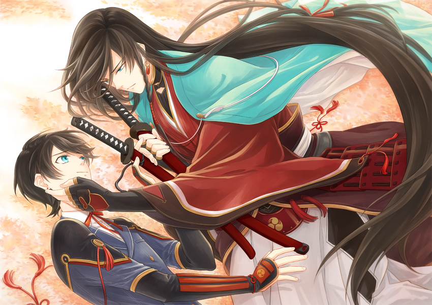 2boys armor bad_id bad_pixiv_id bishounen black_hair blue_eyes braid buttons double-breasted earrings hand_on_another's_face horikawa_kunihiro izumi-no-kami_kanesada japanese_armor japanese_clothes jewelry katana lying male_focus multiple_boys on_side photoshop_(medium) rainsp ribbon side_braid stud_earrings sword touken_ranbu wakizashi weapon yaoi