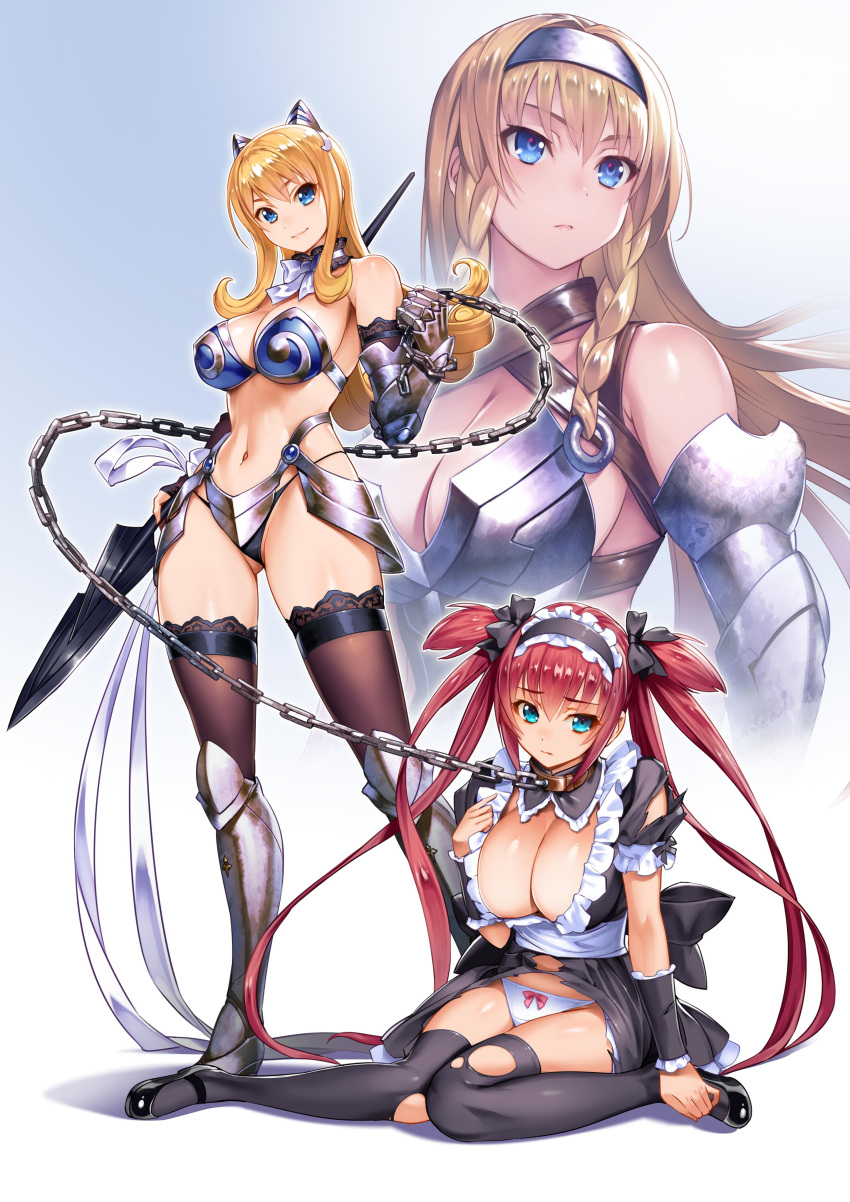 3girls absurdres airi_(queen's_blade) airi_(queen's_blade_unlimited) animal_ears armor armored_boots ass_visible_through_thighs bare_shoulders bikini_armor black_dress black_thighhighs blonde_hair blue_eyes boots breasts chains cleavage closed_mouth collar dress elina_(queen's_blade) fake_animal_ears full_body headband highres holding holding_weapon large_breasts leash leina_(queen's_blade) leina_(queen's_blade_unlimited) long_hair looking_at_viewer looking_away medium_breasts multiple_girls navel official_art oosaki_shin'ya panties quad_tails queen's_blade queen's_blade_unlimited queen's_blade_white_triangle red_hair revealing_clothes shadow_tracker_elina smile standing thighhighs torn_clothes torn_thighhighs underwear weapon white_panties wrist_cuffs