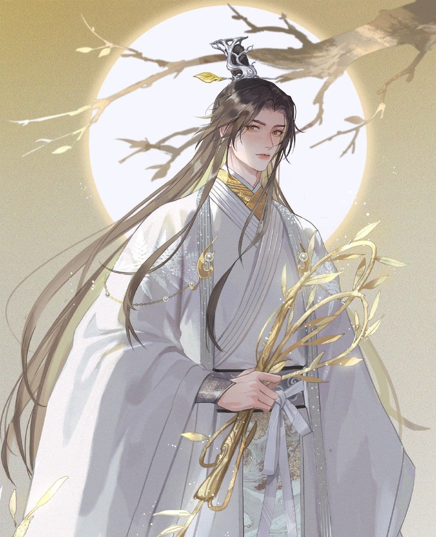 1boy belt black_hair chinese_clothes chu_wanning dress erha_he_tadebai_mao_shizun full_moon hair_ornament haiwu_kehai hanfu highres holding holding_weapon holding_whip long_hair looking_to_the_side male_focus moon moonlight parted_bangs robe solo standing upper_body vambraces very_long_hair weapon whip white_robe