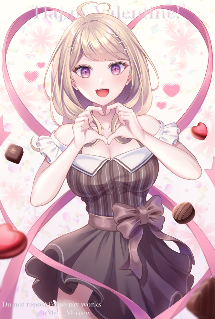 :d ahoge akamatsu_kaede alternate_costume artist_name bangs banned_artist bare_shoulders black_bow blonde_hair blush bow breasts candy chocolate chocolate_heart cleavage collarbone cowboy_shot danganronpa_(series) danganronpa_v3:_killing_harmony dress eyebrows_visible_through_hair female food frills hair_ornament happy_valentine heart heart_ahoge heart_hands heart_print highres large_breasts long_hair looking_at_viewer musical_note_hair_ornament nabekokoa open_mouth purple_eyes repost_notice short_sleeves smile solo striped striped_dress symbol_commentary valentine