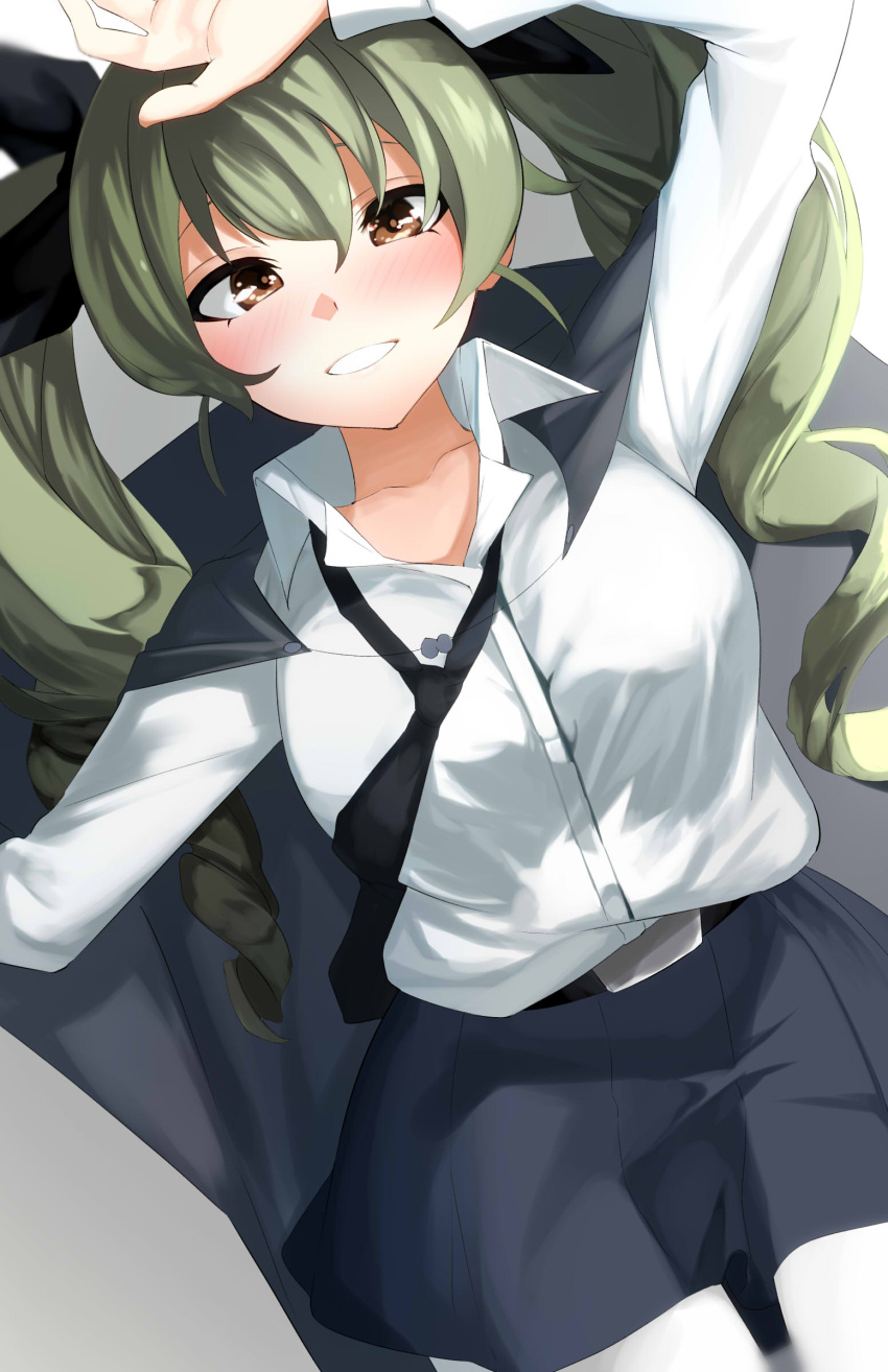 absurdres anchovy_(girls_und_panzer) apple_(ygbhjdbiulsg) arm_above_head black_cape black_necktie black_ribbon blush brown_eyes cape collarbone commentary_request drill_hair dutch_angle female girls_und_panzer green_hair grin hair_between_eyes hair_ribbon highres looking_at_viewer loose_necktie necktie pantyhose ribbon shirt smile solo twin_drills twintails white_pantyhose white_shirt