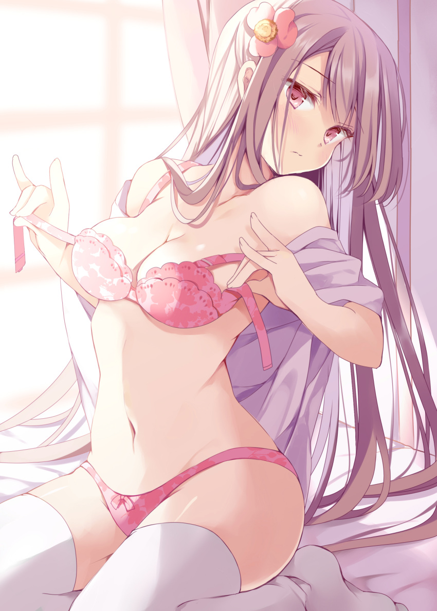 absurdres bra breasts brown_hair cleavage female groin highres hoshino_koucha long_hair looking_at_viewer medium_breasts navel no_shoes off_shoulder open_bra open_clothes open_shirt original panties red_bra red_eyes red_panties shirt sidelocks sitting solo stomach thighhighs thighs underwear very_long_hair white_shirt white_thighhighs