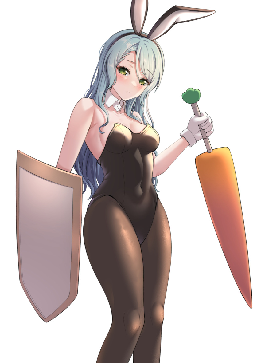 absurdres animal_ears aqua_hair arm_at_side bang_dream! bare_shoulders black_hairband black_leotard blush breasts brown_pantyhose carrot closed_mouth collarbone commentary covered_navel detached_collar fake_animal_ears feet_out_of_frame female gloves green_eyes hairband hand_up highres hikawa_sayo holding holding_sword holding_weapon leotard long_hair looking_at_viewer medium_breasts pantyhose playboy_bunny ptal rabbit_ears shield simple_background solo standing strapless strapless_leotard swept_bangs sword weapon white_background white_gloves