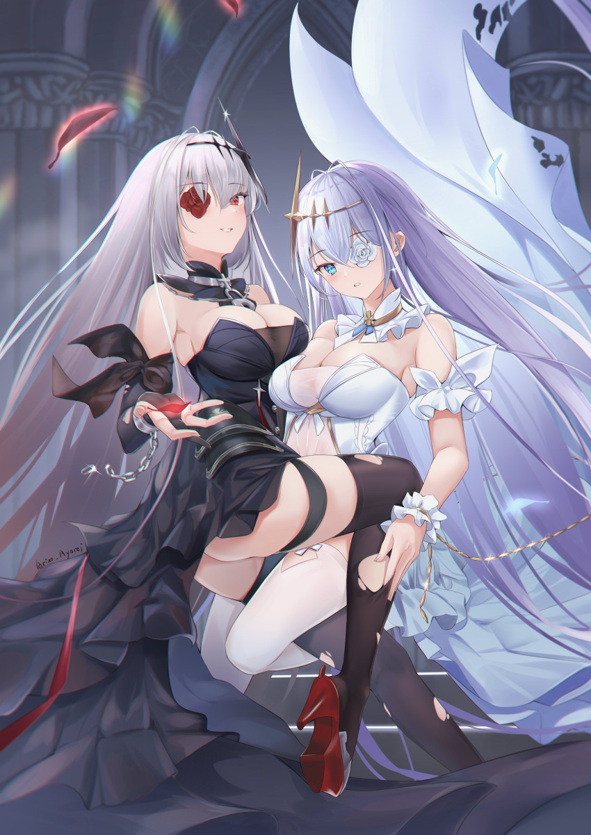 2girls absurdres arino_ayarei azur_lane bare_shoulders black_collar black_dress black_thighhighs blue_eyes bow_legwear breasts cleavage collar dress dual_persona emden_(azur_lane) flower frilled_collar frills hair_ornament high_heels highres large_breasts long_hair md5_mismatch multiple_girls red_eyes red_flower red_footwear siblings thighhighs torn_clothes torn_thighhighs very_long_hair white_collar white_dress white_flower white_hair white_thighhighs