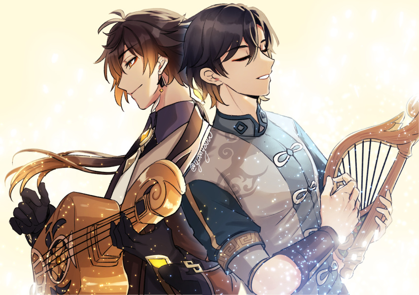 2boys azhdaha_(genshin_impact) black_gloves black_hair brown_hair closed_eyes collared_shirt earrings eyeliner eyeshadow formal genshin_impact gloves gradient_hair hair_between_eyes hair_tie harp highres instrument jacket jewelry long_hair long_sleeves makeup multicolored_hair multiple_boys music necktie orange_hair pipa_(instrument) playing_instrument ponytail red_eyeshadow shirt sidelocks single_earring smile suit tassel tassel_earrings teeth twitter_username upper_body vest yamyouw yellow_eyes zhongli_(genshin_impact)