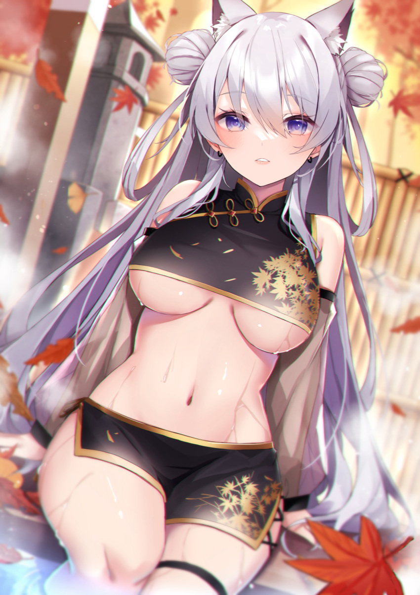 amahara_pekozaemon animal_ear_fluff animal_ears autumn_leaves bare_shoulders black_skirt blue_eyes blurry blurry_background breasts brown_sleeves cat_ears commentary_request crop_top depth_of_field detached_sleeves double_bun earrings feet_out_of_frame female fence grey_hair hair_between_eyes hair_bun highres jewelry large_breasts long_hair long_sleeves looking_at_viewer navel onsen original parted_lips puffy_long_sleeves puffy_sleeves see-through see-through_silhouette sitting skirt solo stomach underboob very_long_hair water