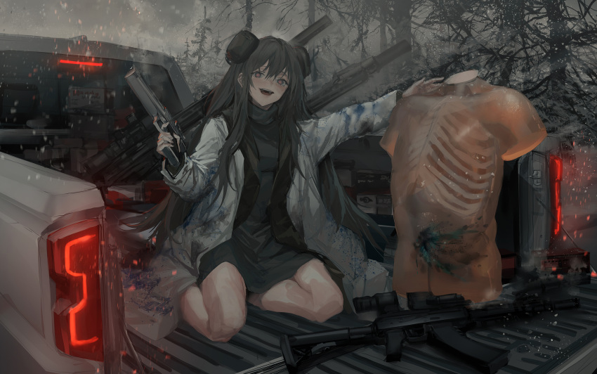 assault_rifle ballistic_dummy black_hair coat desert_eagle double_bun dress dummy female garandthumb grey_coat gun hair_bun handgun highres holding holding_gun holding_weapon lm7_(op-center) long_hair mannequin motor_vehicle open_clothes open_coat original outdoors pickup_truck red_eyes rifle snow snowing solo tree truck twintails weapon