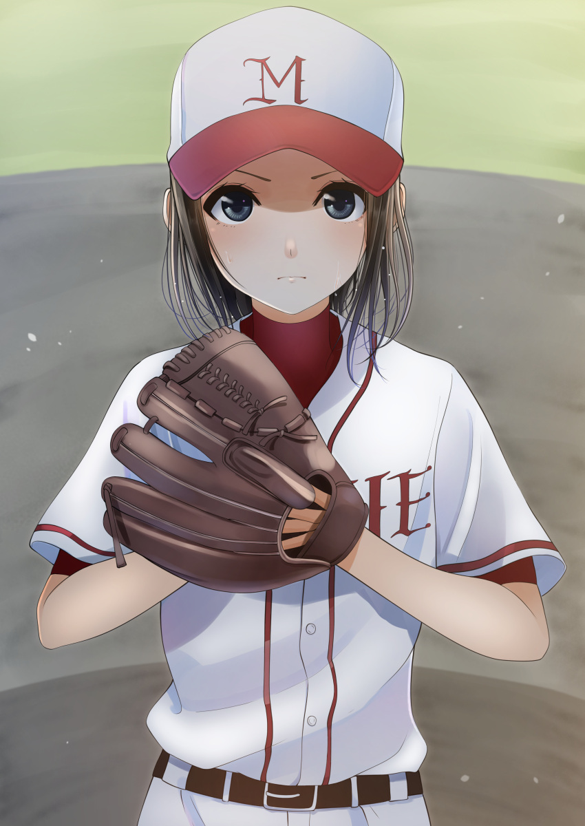 >:( absurdres baseball baseball_cap baseball_mitt baseball_uniform belt black_eyes black_hair blush closed_mouth clothes_writing doctor_k_shoujo female hat highres kentaurosu looking_at_viewer novel_illustration official_art outdoors second-party_source serious short_hair short_sleeves solo sportswear sweat upper_body v-shaped_eyebrows