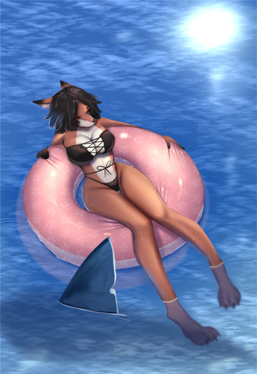 4_toes 5_fingers anthro big_breasts bikini black_bikini black_clothing black_ear_tips black_feet black_fingers black_hair black_nose black_swimwear bodily_fluids breasts brown_body brown_fur canid canine canis closed_eyes clothed clothing dipstick_ears ear_markings ears_back eyebrows feet feet_in_water female fingers fish floating floating_on_water fox fur hair happy hi_res humanoid inflatable inner_tube looking_pleasured mammal marine medium_hair multicolored_body multicolored_ears navel orange_body pivoted_ears reflection sea seaside shark shark_fin smile solo swim_ring swimming swimwear toes two_tone_body water water_background water_ripples white_body white_fur yourumi yurika_(yourumi)