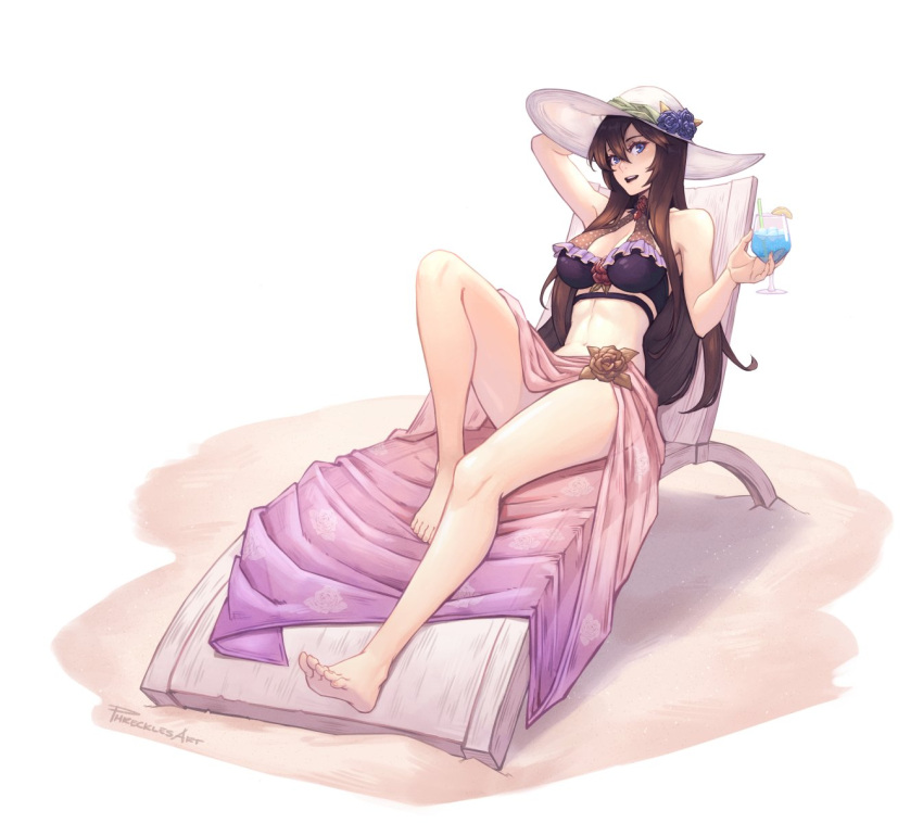 :d arm_up bare_legs barefoot beach_chair bikini breasts brown_hair commentary cupping_glass feet female granblue_fantasy hand_up hat highres knee_up large_breasts legs long_hair looking_at_viewer navel open_mouth phrecklesart purple_eyes rosetta_(granblue_fantasy) sarong simple_background smile solo stomach sun_hat swimsuit thighs toenails toes very_long_hair white_background white_hat